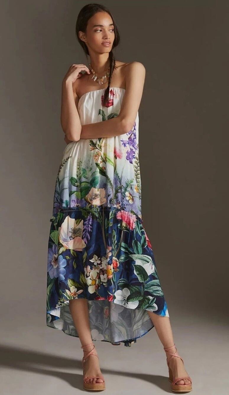 Anthropologie Floral Strapless High Low Maxi Dress M Viscose Blend Multicolour